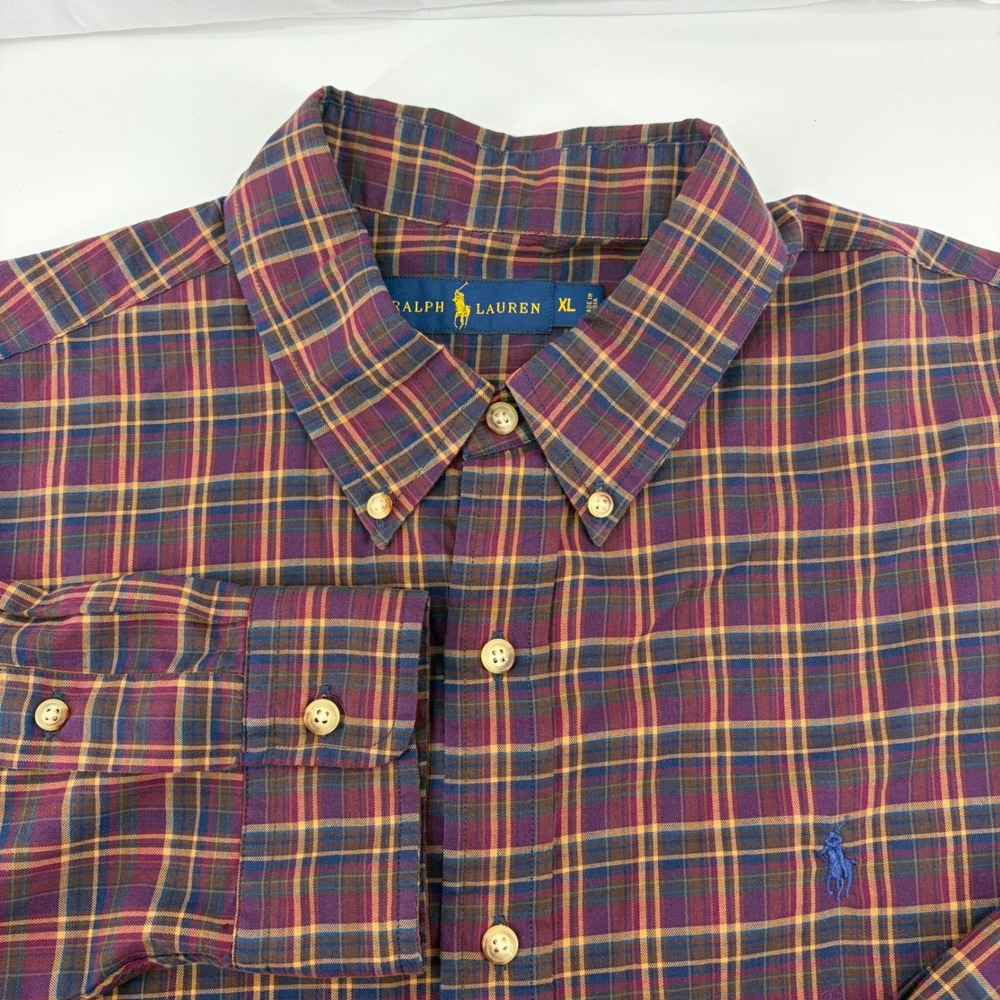 Polo Ralph Lauren Mens XL Plaid Button Down Shirt Burgundy Navy Blue Cotton